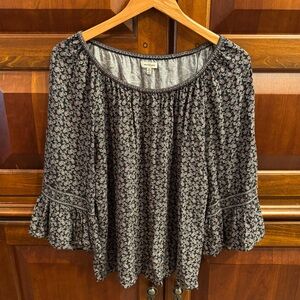 Max Studio Womens Black Floral Blouse Bell Sleeves Relaxed Tunic Sz M